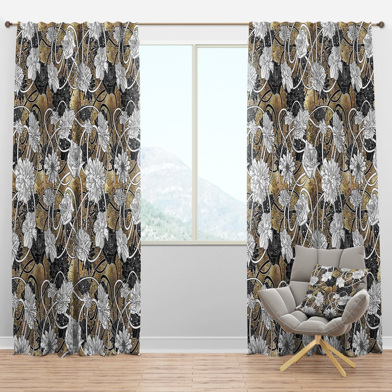 White Drawn Flowers with Black Roses on Brown - Floral Curtain Panels