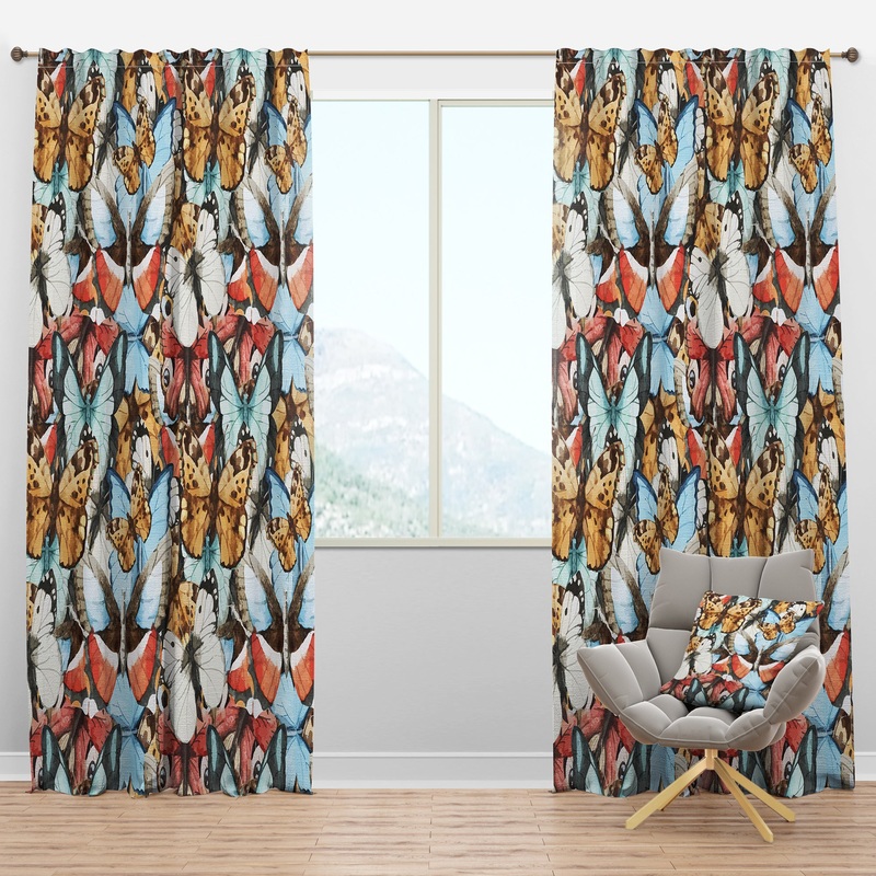 White, Red and Blue and Brown Butterfly Pattern - Animals Curtain Panels