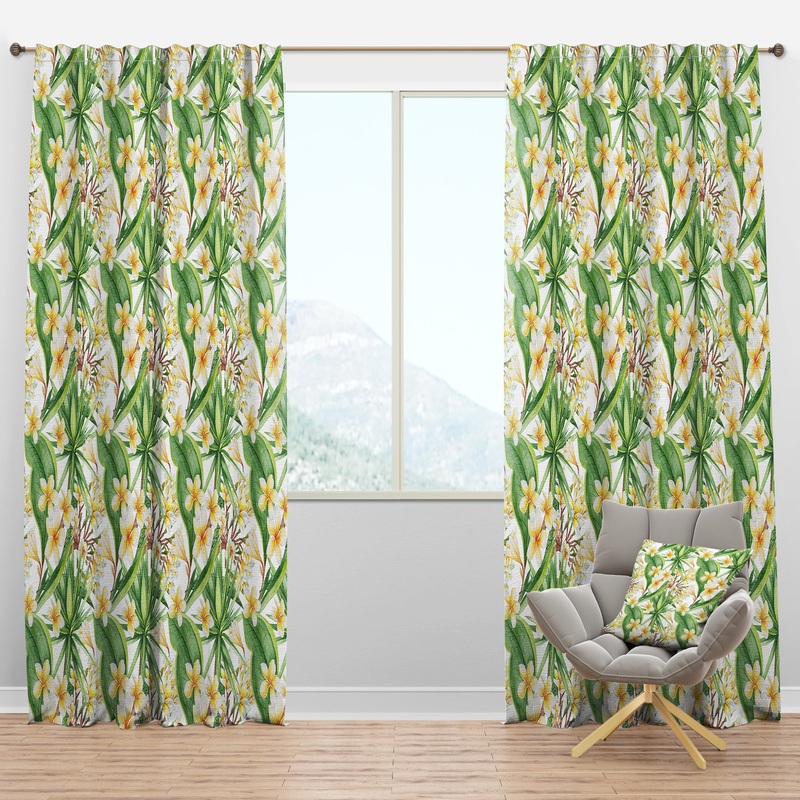 White Tropical Flowers in Botanic Setting - Floral Curtain Panels
