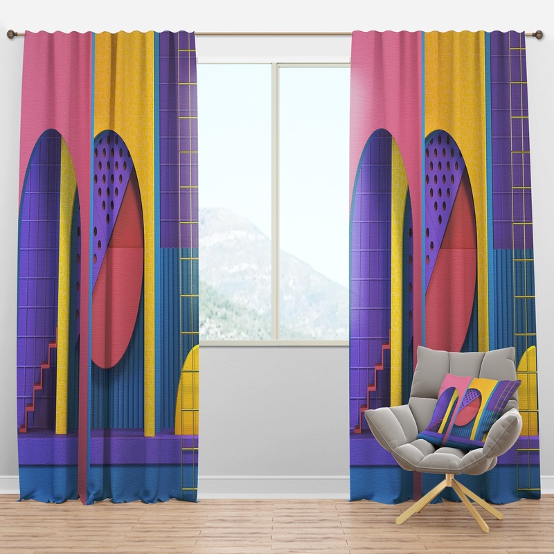 Abstract Retro Geometric Architecture - Mid-Century Modern Curtain Panels