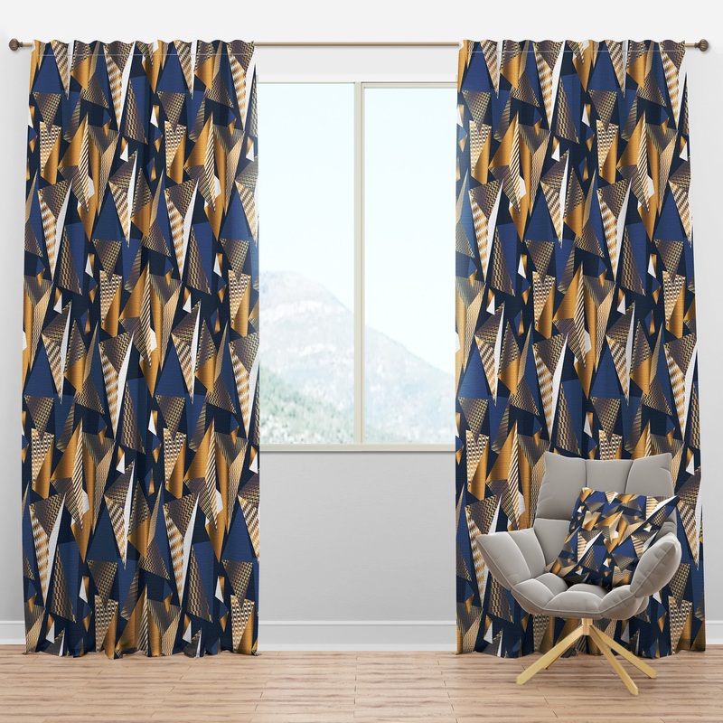 Gold And Blue Cubes - Mid-Century Modern Curtain Panels