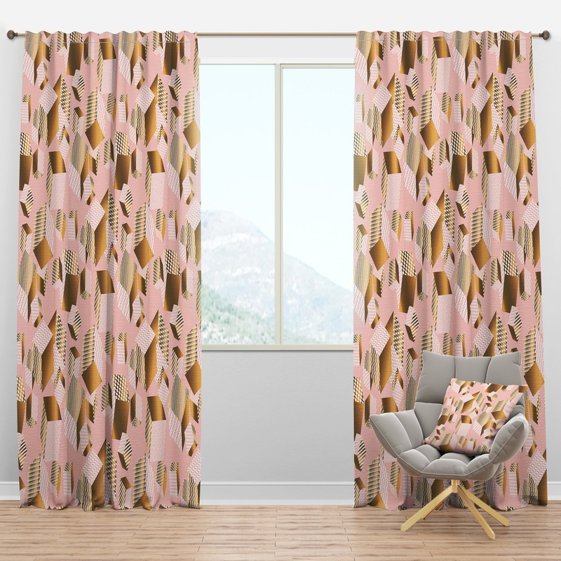 Gold And Rose Cubes II - Mid-Century Modern Curtain Panels