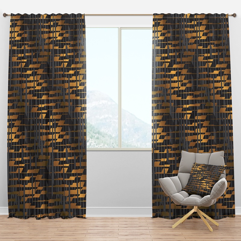 Gold Checkered Pattern I - Mid-Century Modern Curtain Panels