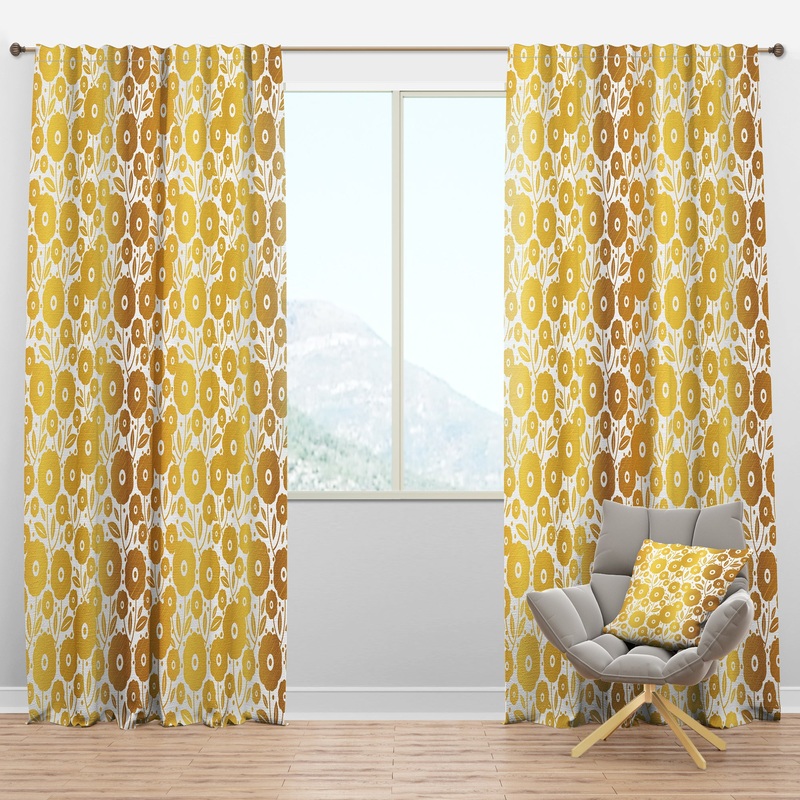 Golden Floral I - Mid-Century Modern Curtain Panels