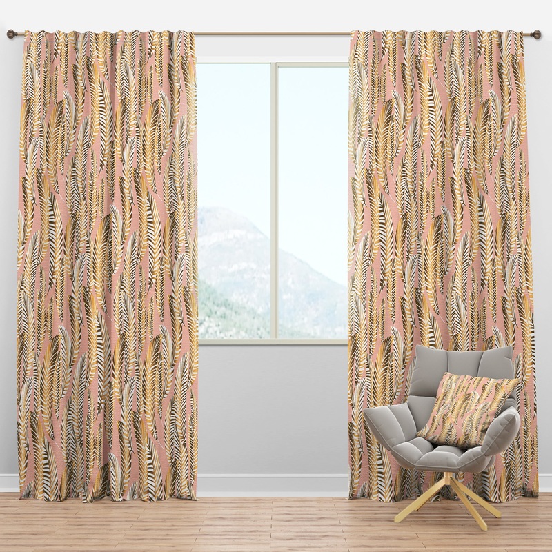 Golden Palm Leaves I - Mid-Century Modern Curtain Panels