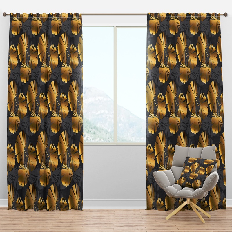 Golden Palm Leaves III - Mid-Century Modern Curtain Panels