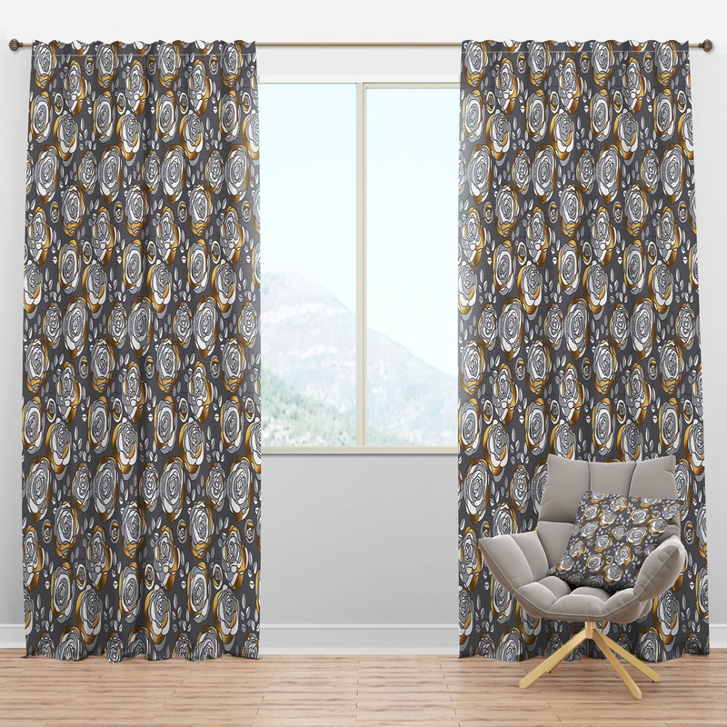 Golden Rose Flowers - Mid-Century Modern Curtain Panels