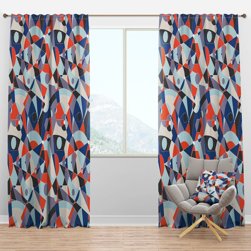 Retro Geometric Grid IV - Mid-Century Modern Curtain Panels