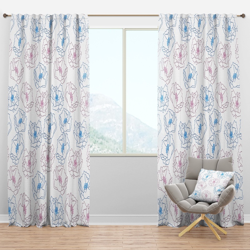 Retro Handdrawn Poppies I - Mid-Century Modern Curtain Panels