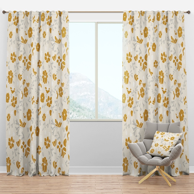 Retro Handdrawn Poppies III - Mid-Century Modern Curtain Panels