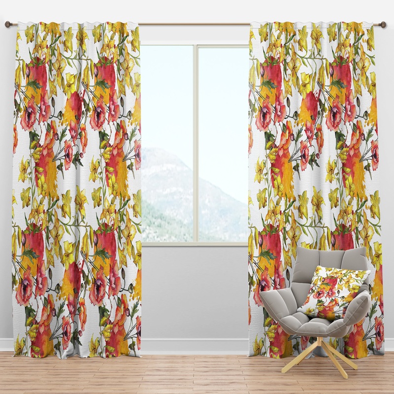 Retro Handdrawn Poppies IV - Mid-Century Modern Curtain Panels