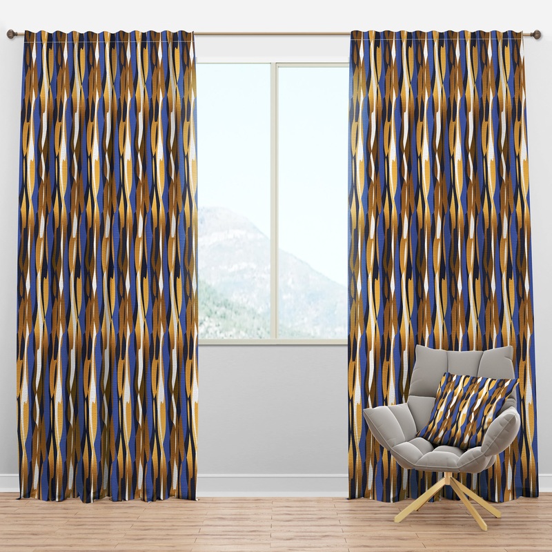 Retro Luxury Waves In Gold And Blue I - Mid-Century Modern Curtain Panels