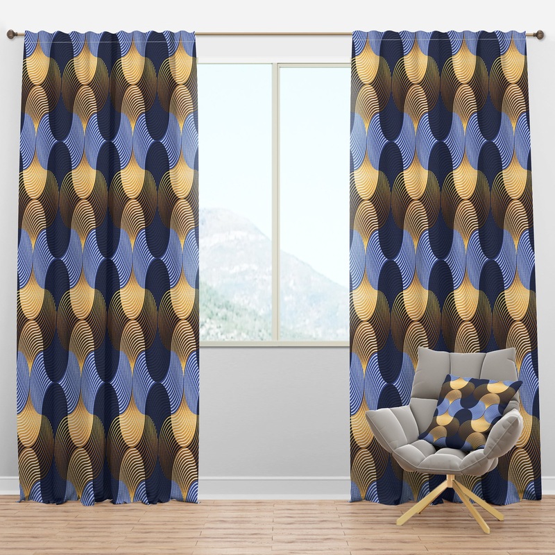 Retro Luxury Waves In Gold And Blue II - Mid-Century Modern Curtain Panels