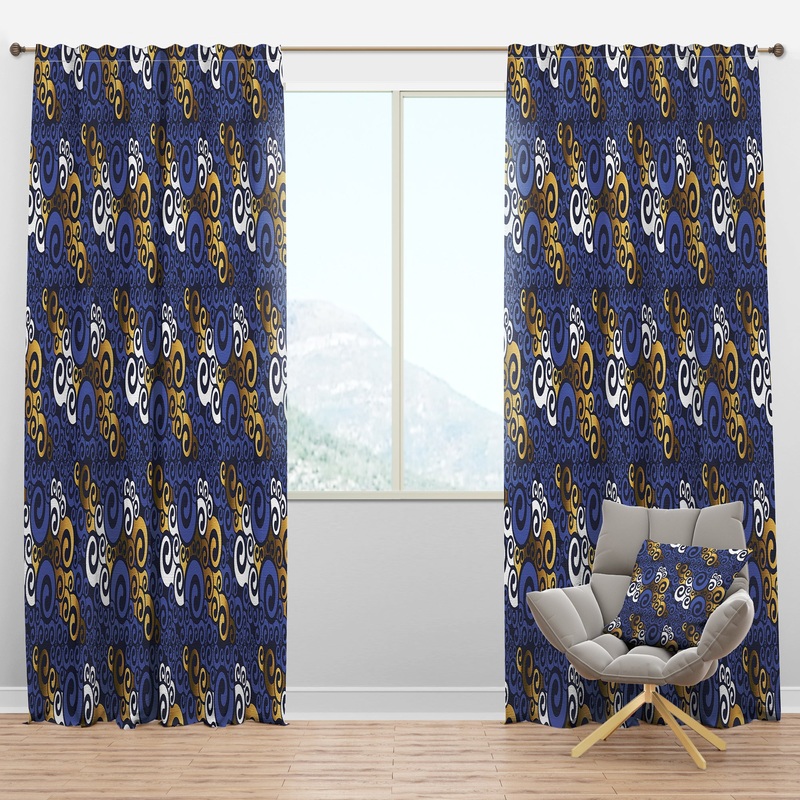 Retro Luxury Waves In Gold And Blue III - Mid-Century Modern Curtain Panels