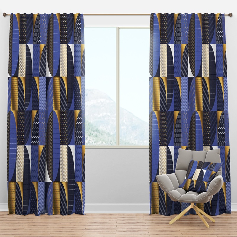 Retro Luxury Waves In Gold And Blue IV - Mid-Century Modern Curtain Panels