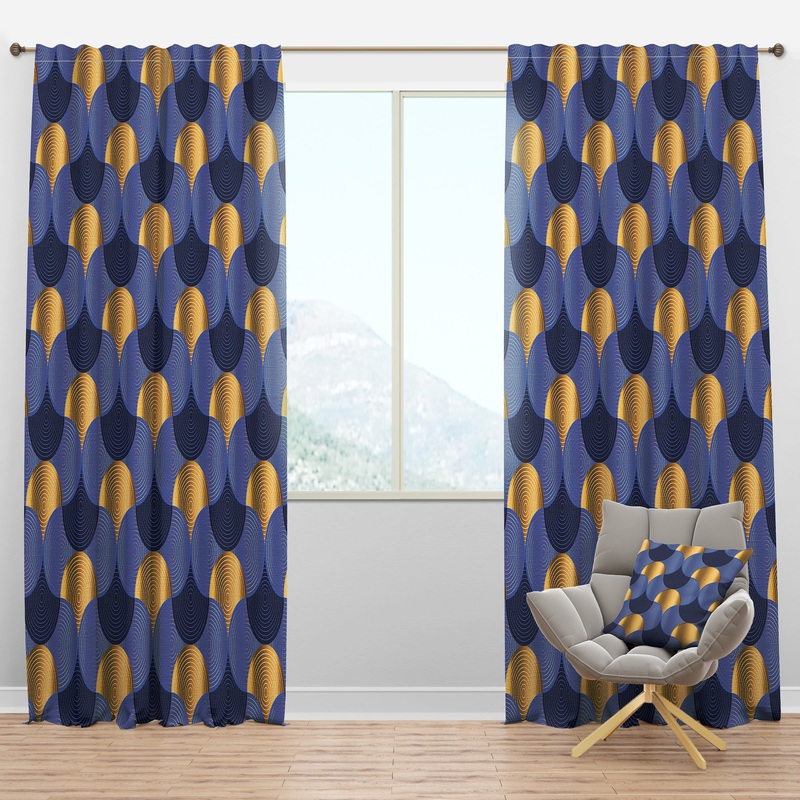 Retro Luxury Waves In Gold And Blue VIII - Mid-Century Modern Curtain Panels