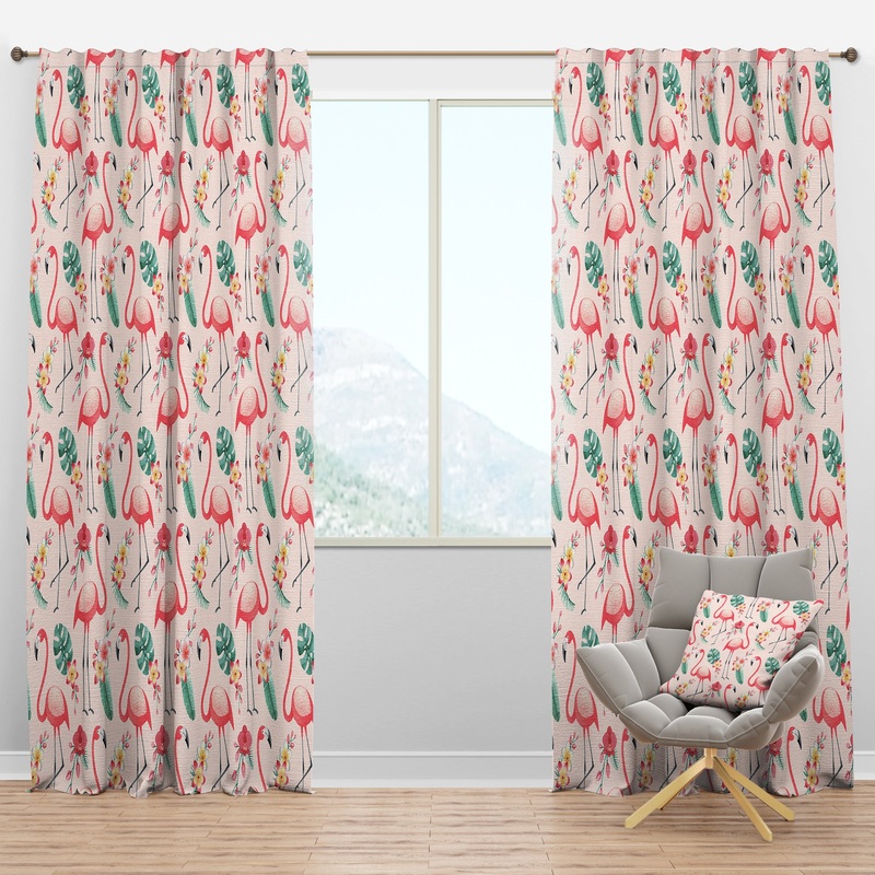 Tropical Botanicals, Flowers And Flamingo II - Mid-Century Modern Curtain Panels