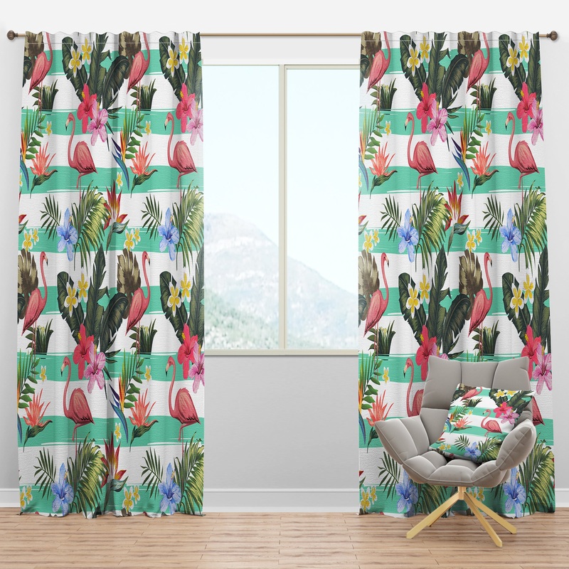 Tropical Botanicals, Flowers And Flamingo - Mid-Century Modern Curtain Panels