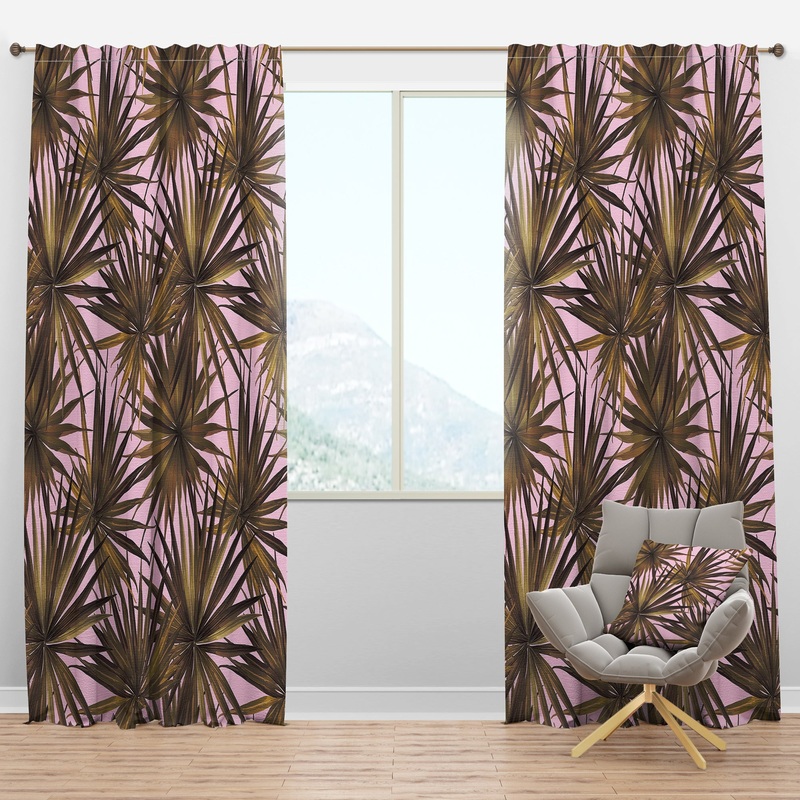 Tropical Leaves On Pink - Mid-Century Modern Curtain Panels