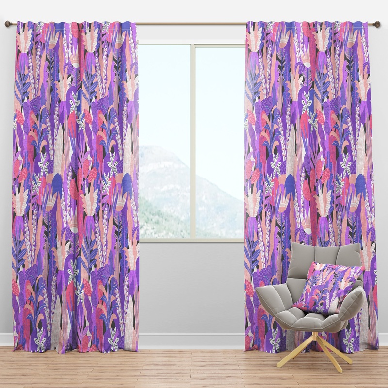 Fantasy Flowers In Purple - Mid-Century Modern Curtain Panels