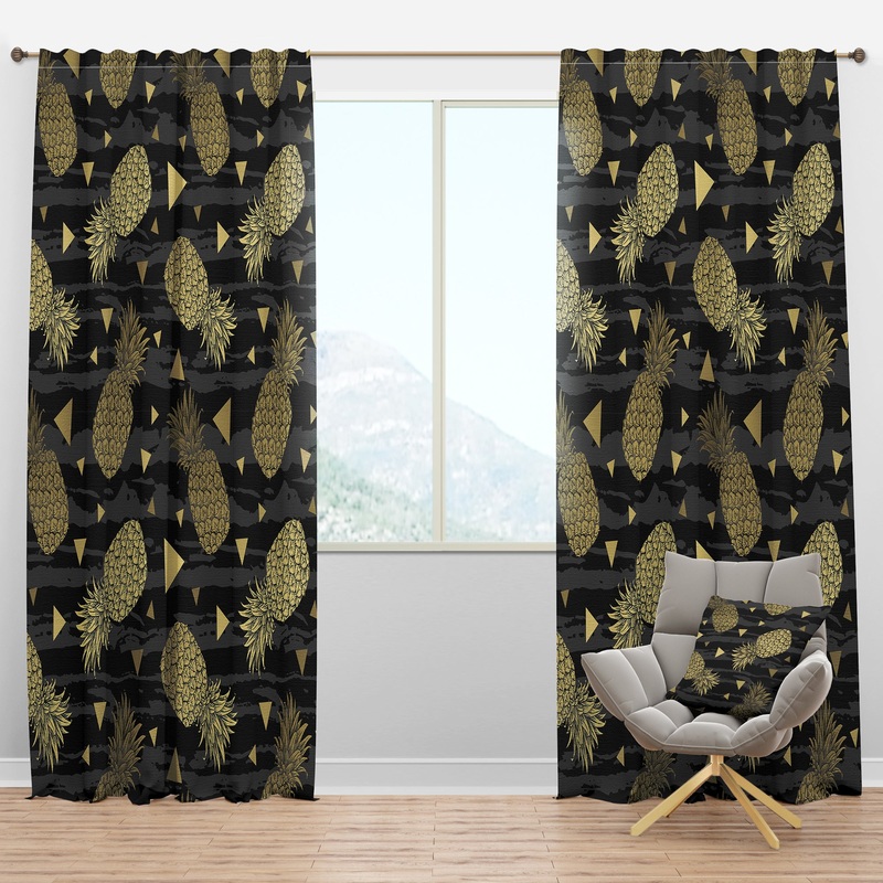 Golden Pineapple On Black - Mid-Century Modern Curtain Panels