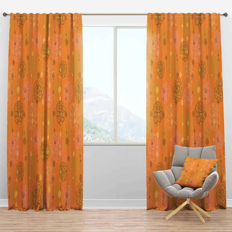 Retro handdrawn flowers III - Mid-Century Modern Curtain Panels