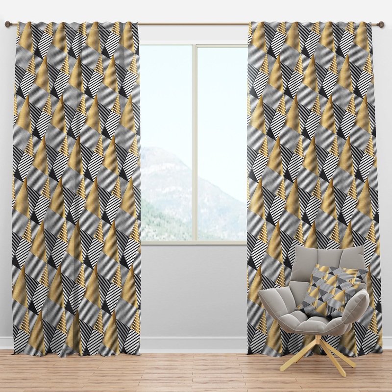 Retro Luxury Waves In Gold And Blue VI - Mid-Century Modern Curtain Panels