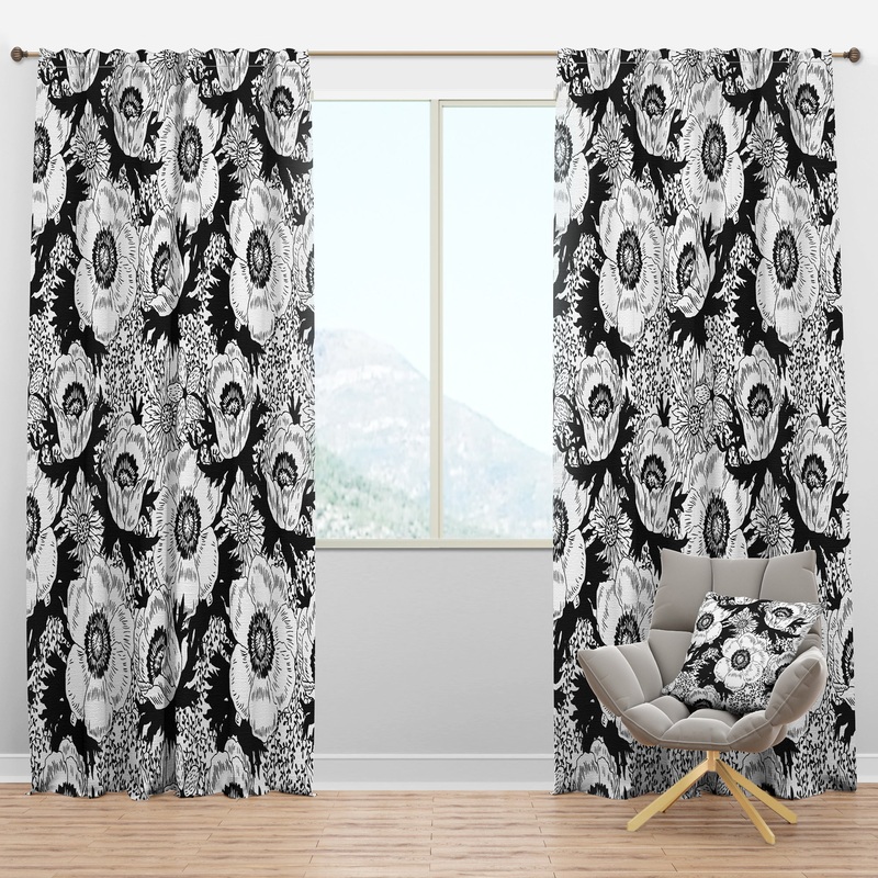 Retro Monochrome Flowers Pattern - Mid-Century Modern Curtain Panels