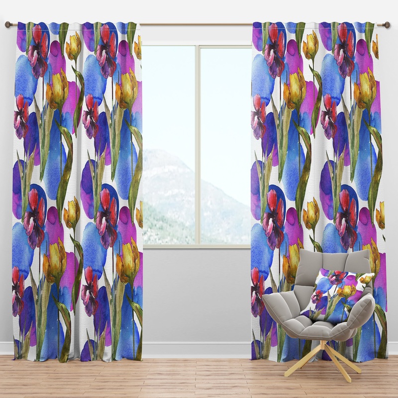 Retro Tulips in Purple - Mid-Century Modern Curtain Panels