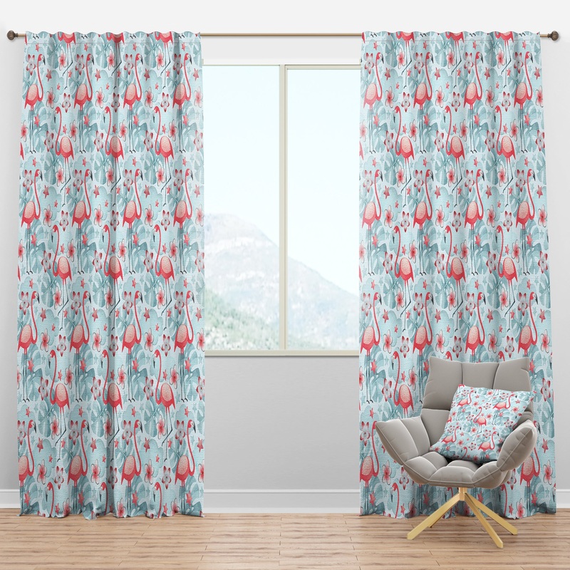 Tropical Botanicals, Flowers And Flamingo III - Mid-Century Modern Curtain Panels