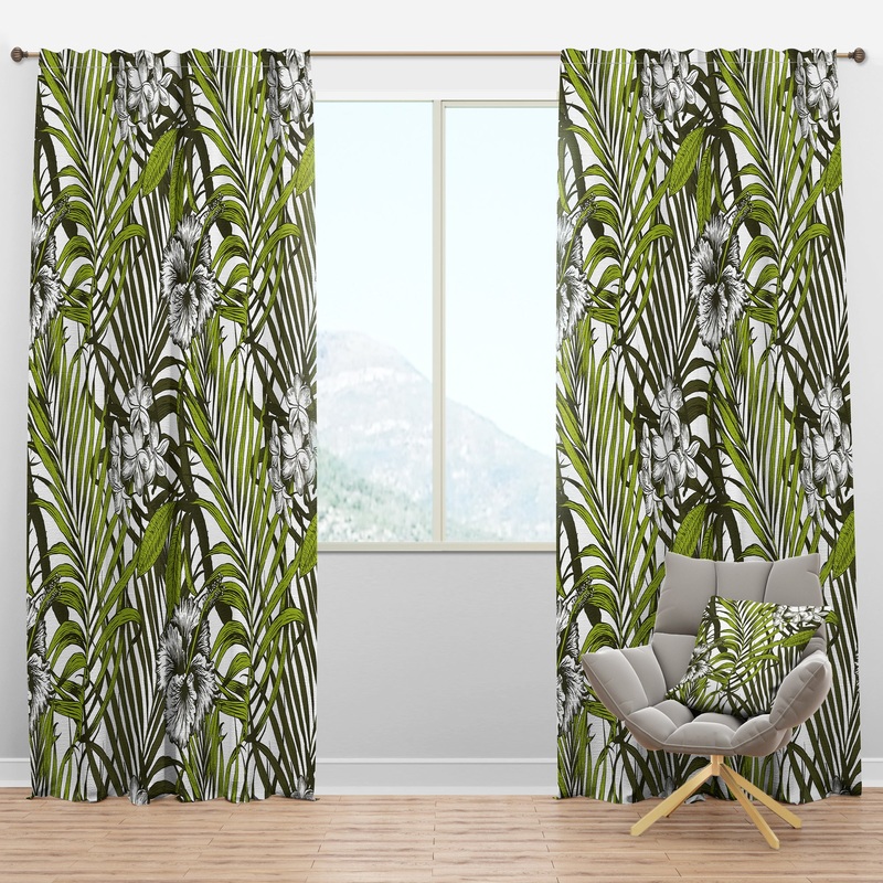 Tropical Palm Leaves I - Mid-Century Modern Curtain Panels