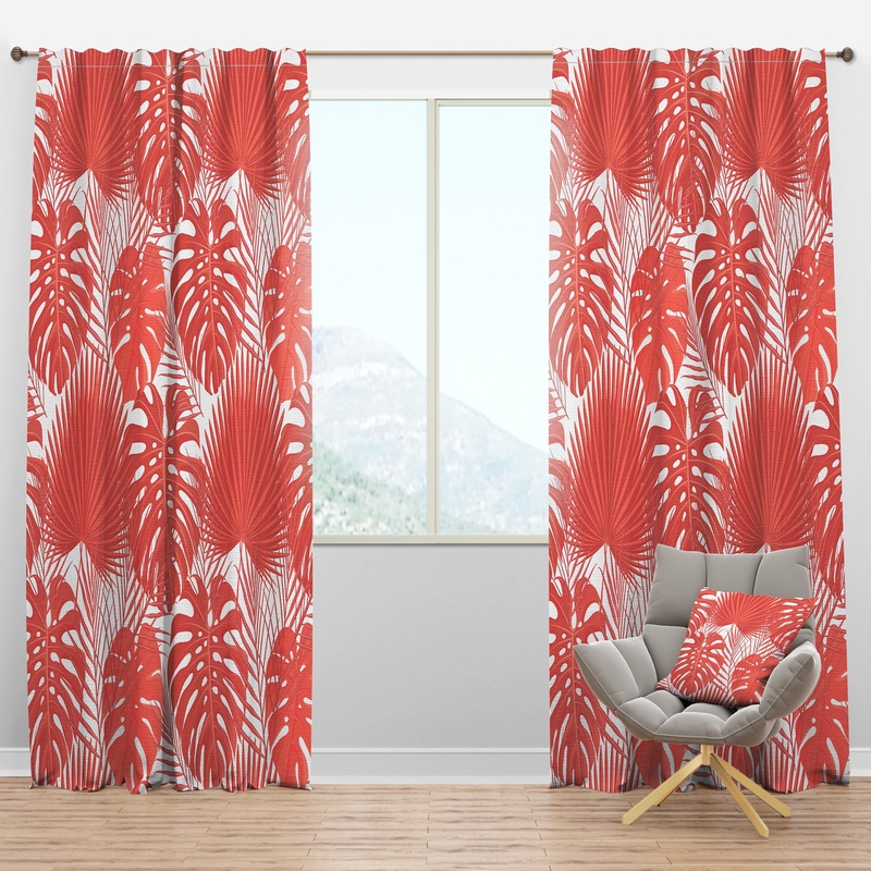 Tropical Retro Foliage Coral I - Mid-Century Modern Curtain Panels
