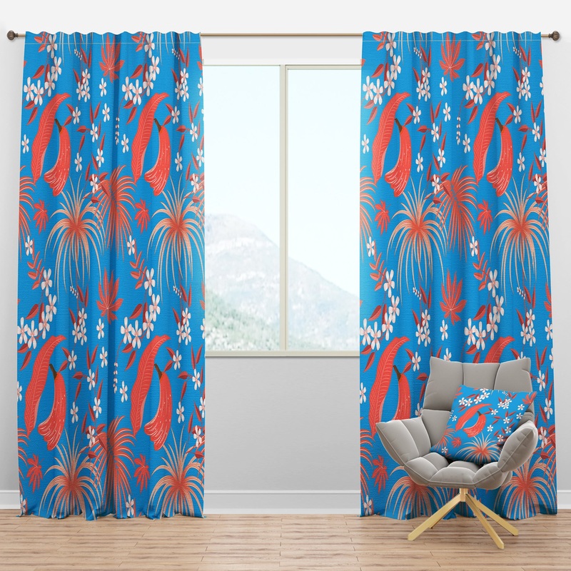 Tropical Retro Foliage Coral II - Mid-Century Modern Curtain Panels