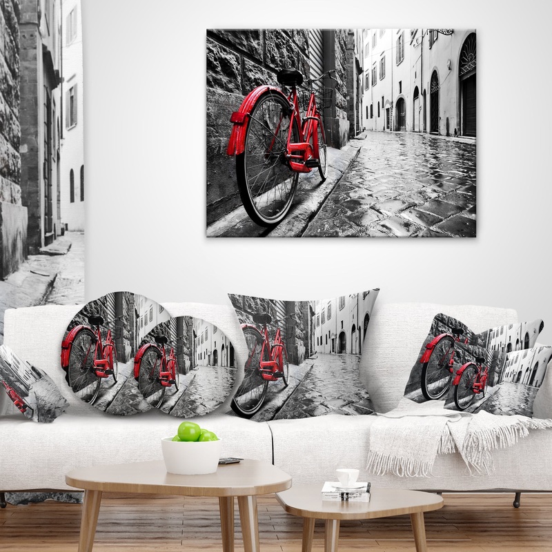 Retro Vintage Red Bike - Cityscape Photo Throw Pillow