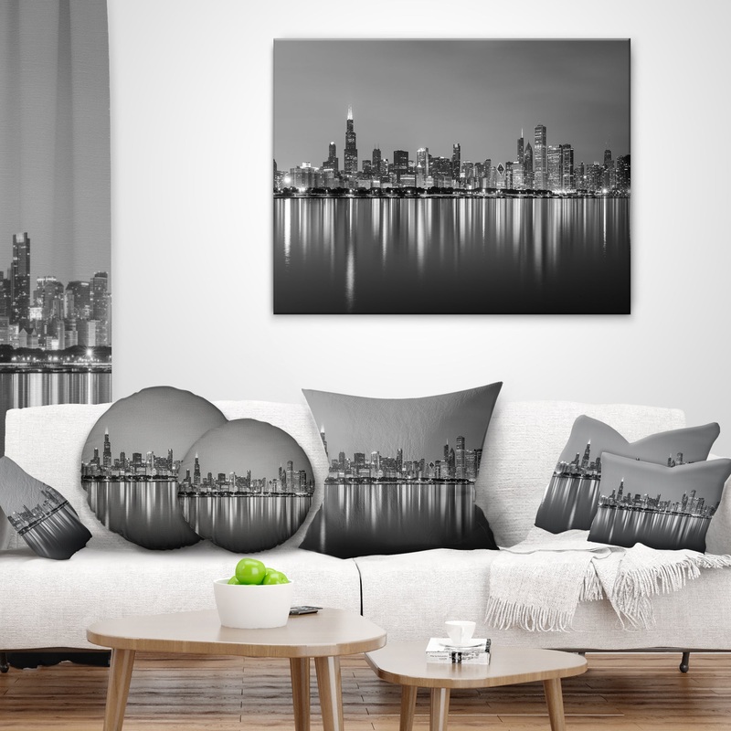 Chicago Skyline at Night Black and White - Cityscape Throw Pillow
