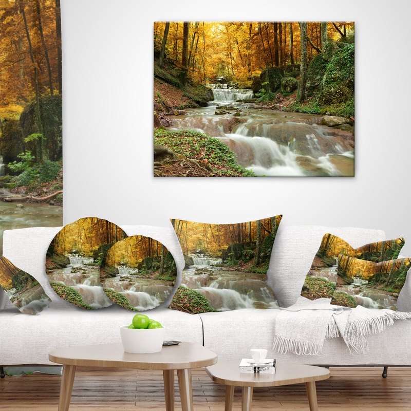 Forest Waterfall with Yellow Trees - Landscape Printed Throw Pillow