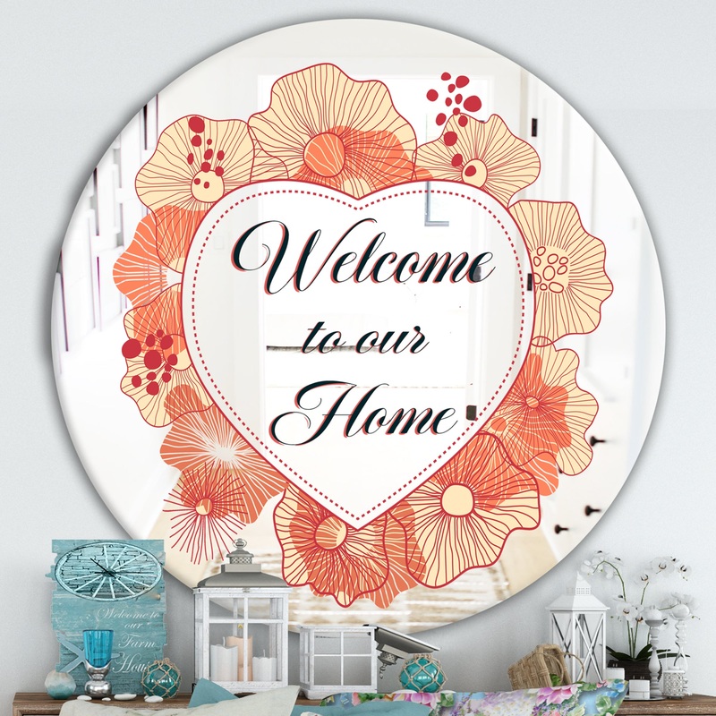 Welcome To Our Home. Pink Flower Heart II - Cabin and Lodge Mirror - Round Wall Mirror