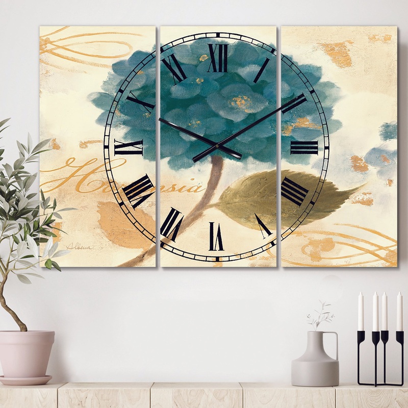 Blue Cottage Flower Hydrangea I - Cottage 3 Panels Oversized Wall CLock