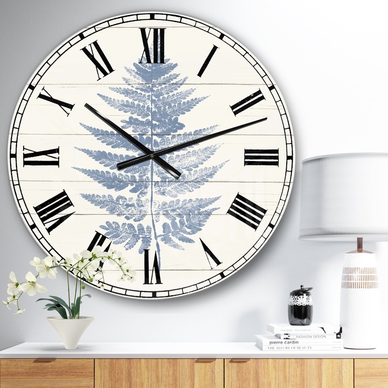 Blue Fern Print on wood I - Cabin & Lodge Large Wall CLock