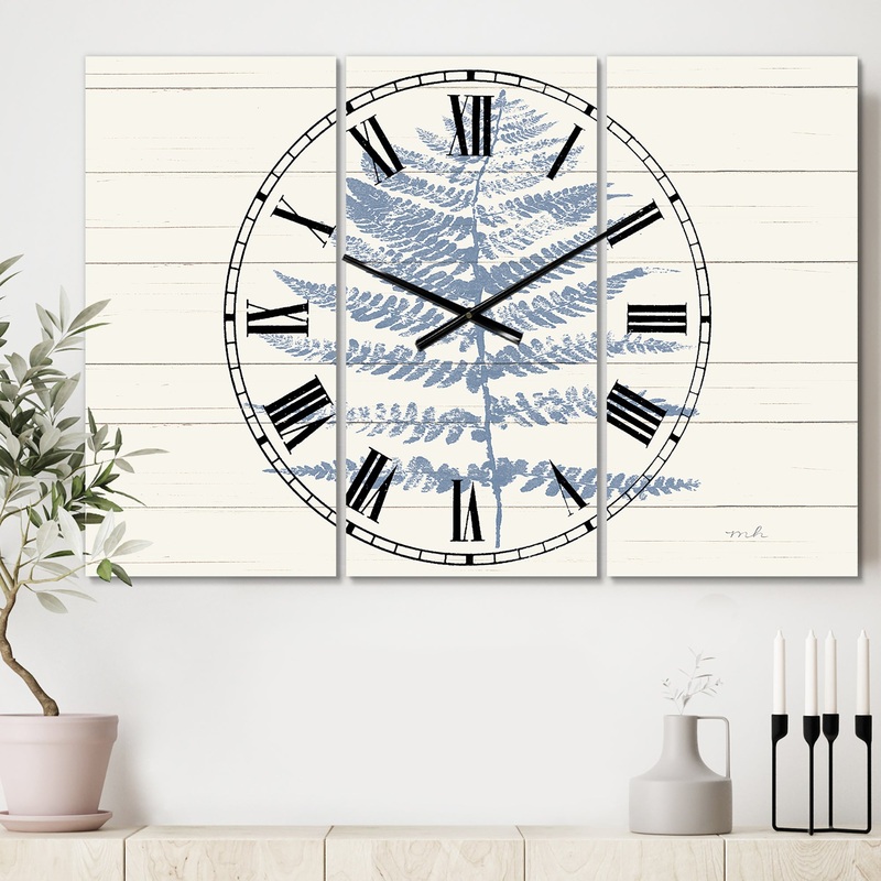 Blue Fern Print on wood II - Cottage 3 Panels Oversized Wall CLock