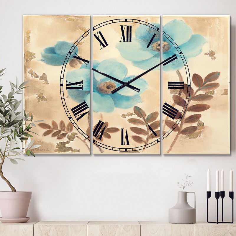 Blue Poppies Cottage Flowers II - Cottage 3 Panels Large Wall CLock