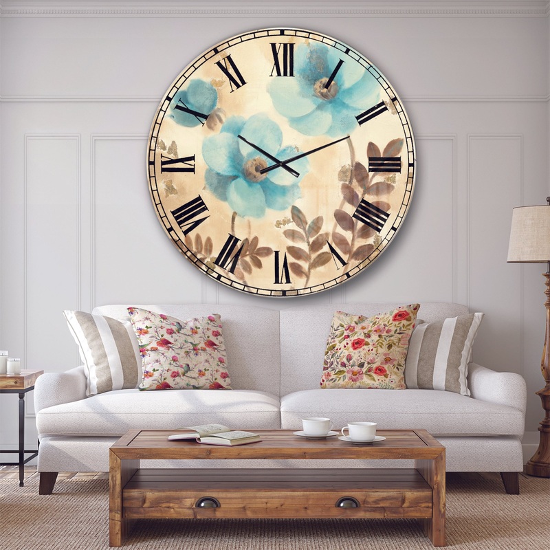 Blue Poppies Cottage Flowers II - Farmhouse Large Wall CLock