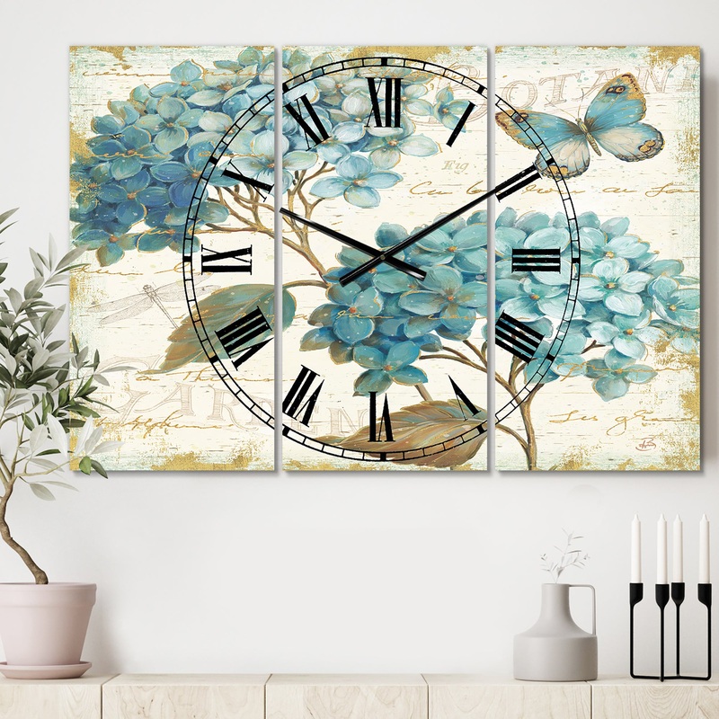 butterfly Blue Garden I - Cottage 3 Panels Oversized Wall CLock