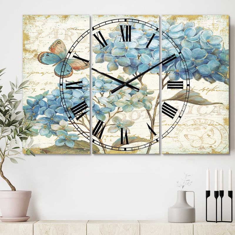 butterfly Blue Garden II - Cottage 3 Panels Large Wall CLock