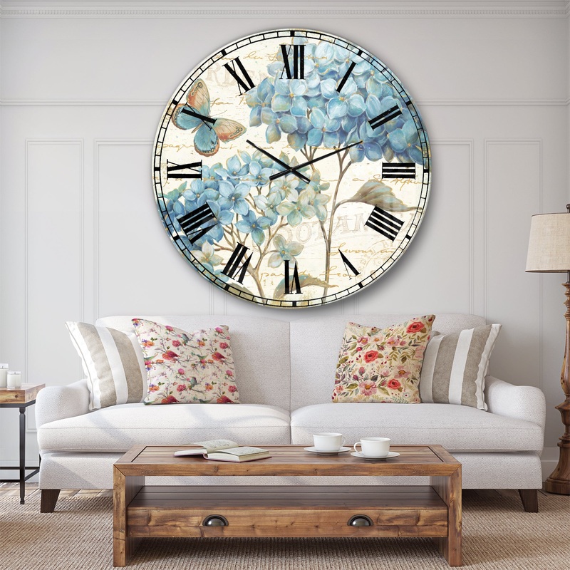 butterfly Blue Garden II - Farmhouse Large Wall CLock