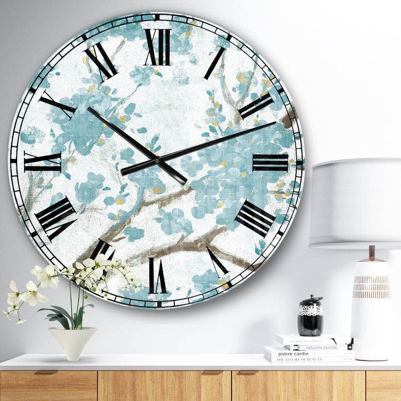 Teal Cherry Blossoms I - Traditional Floral Large Wall CLock
