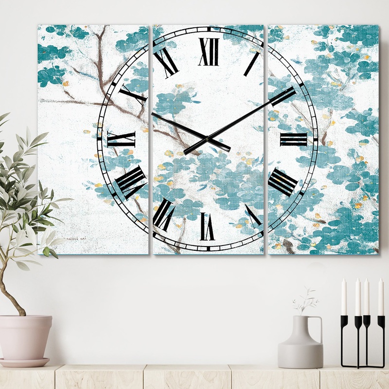 Teal Cherry Blossoms II - Cottage 3 Panels Oversized Wall CLock