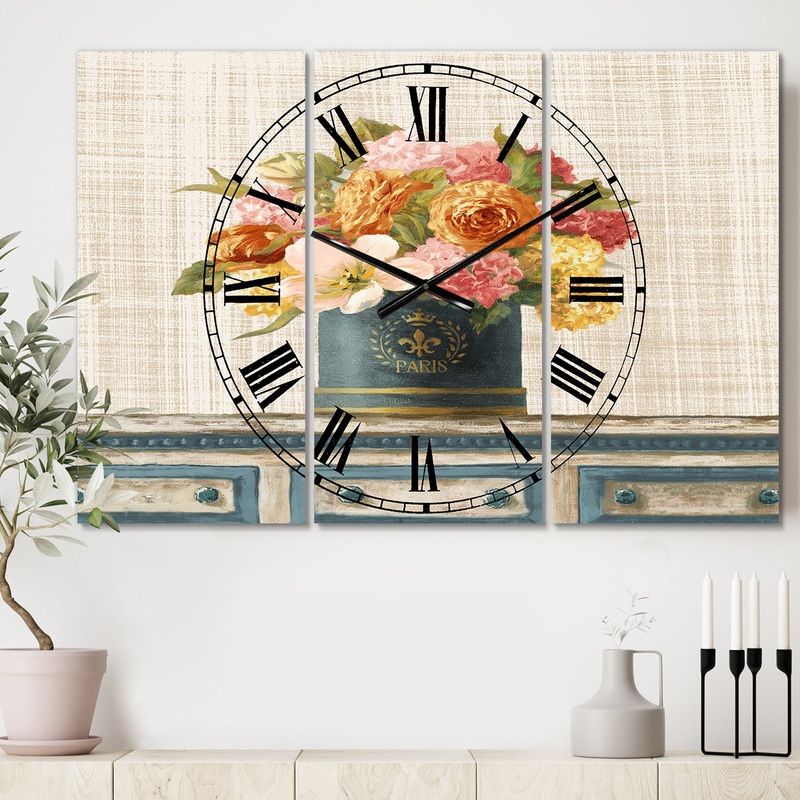 Tulips in Teal and Gold Hatbox on Linen - Cottage 3 Panels Oversized Wall CLock