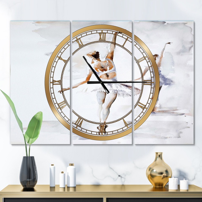 watercolors Ballerinas Dance II - Glam 3 Panels Oversized Wall CLock