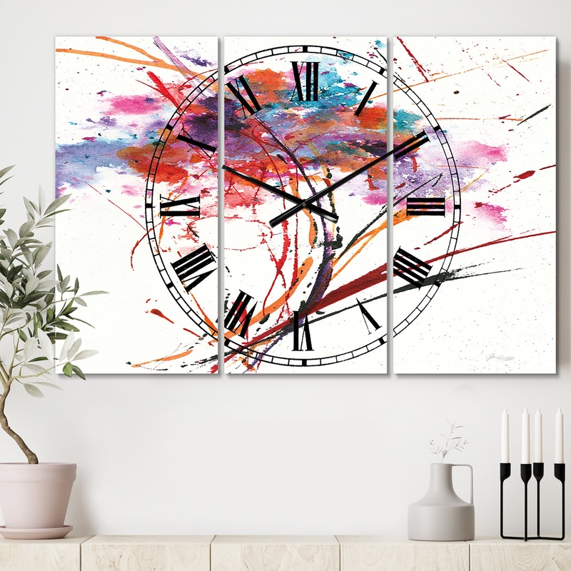 Abstract Red Flowers - Cottage 3 Panels Oversized Wall CLock